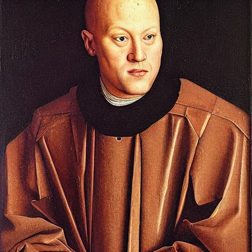 Prompt: portrait of kevin james, oil painting by jan van eyck, northern renaissance art, oil on canvas, wet - on - wet technique, realistic, expressive emotions, intricate textures, illusionistic detail