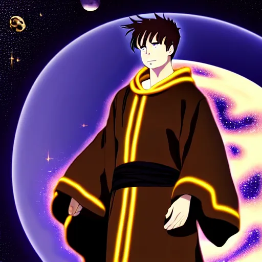 Prompt: a man with with brown hair, wearing a black robe with the tips made of gold, setting in space with a galaxy in the backround, anime, trending on artstation, high quality