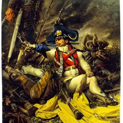 Image similar to Volodymyr Zelensky at war, dressed like Napoleon Bonaparte, sitting on the ground between dead corpses and weeping, holding a half burnt blue and yellow flag of Ukraine, in the style of Anne-Louis Girodet