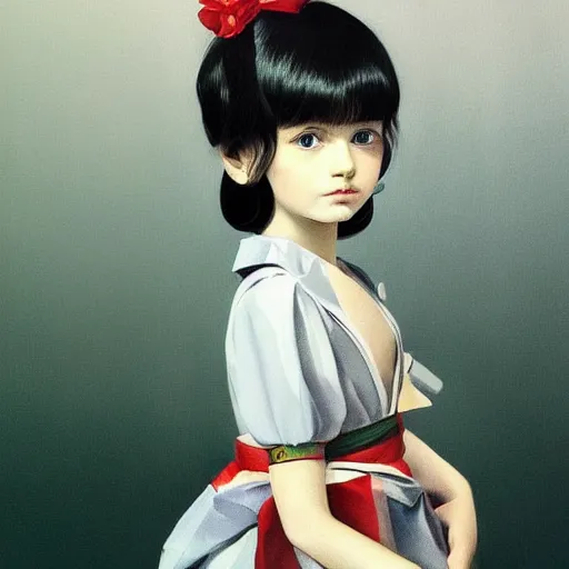 Prompt: little girl wearing an gucci's outfit. art by ilya kuvshinov, profile picture, inspired by balthus, highly detailed, 8 0 s anime art style, realistic, vogue cover