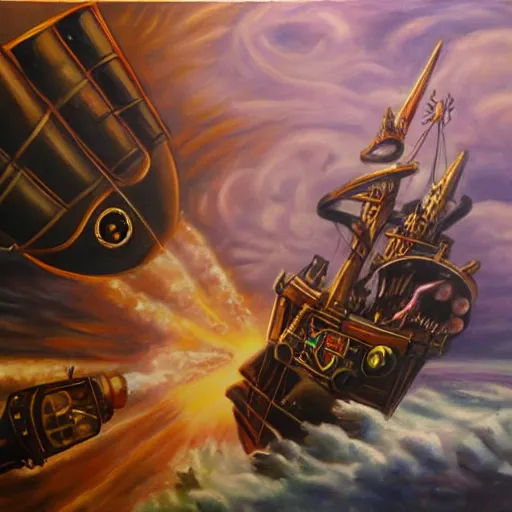 Image similar to A steampunk pirate attacks a spaceship. Oil painting