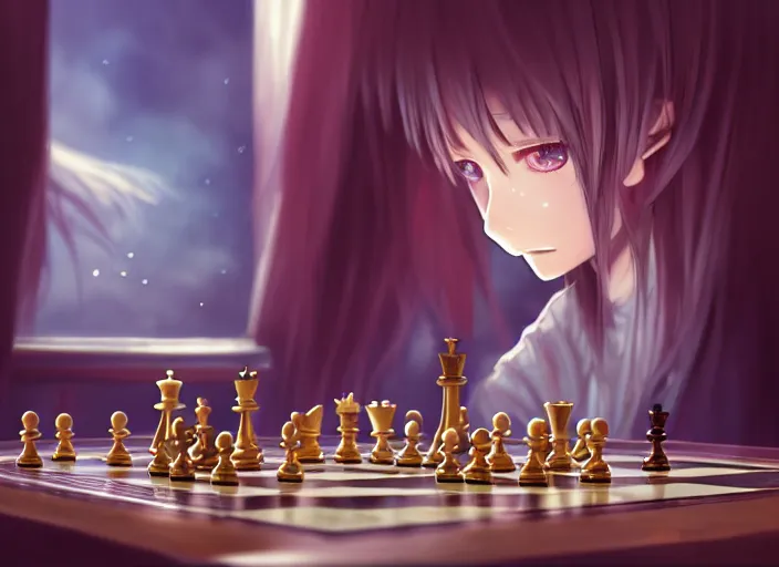 Image similar to rimuru playing chess, with gold eyes, straight hair, sky blue hair, long bangs, high collar, concept art, award winning photography, digital painting, cinematic, by wlop, anime key visual, wlop, 8 k, by ross tran, tom bagshaw, andy warhol