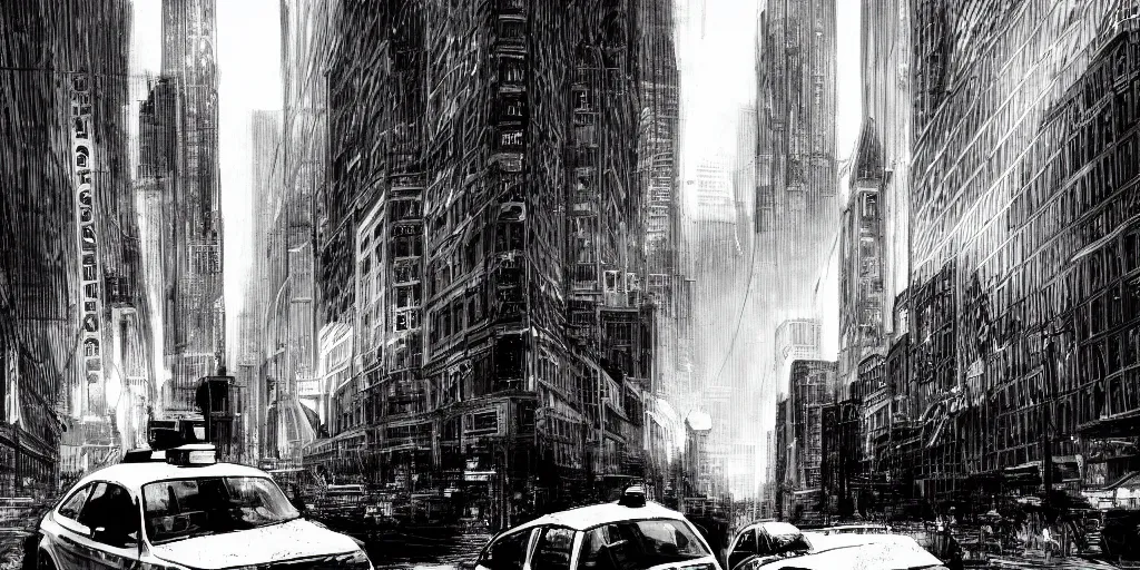 Image similar to cartoonish taxi through the streets of chicago, black and white, night time, dramatic lighting, german expresionism, noir film, character sheet, fine details, concept design, contrast, kim jung gi, greg rutkowski, trending on artstation, 8 k, full body, turnaround, front view, back view, ultra wide angle