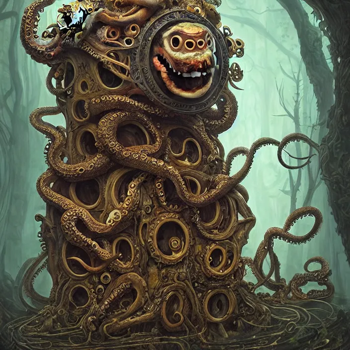 Image similar to biomechanical creature with big octopus head and ( glowing ) eyes guarding an ancient chest in a mystic swamp, gothic and baroque, brutalist architecture, ultradetailed, intricate by ellen jewett and josan gonzalez and giuseppe arcimboldo