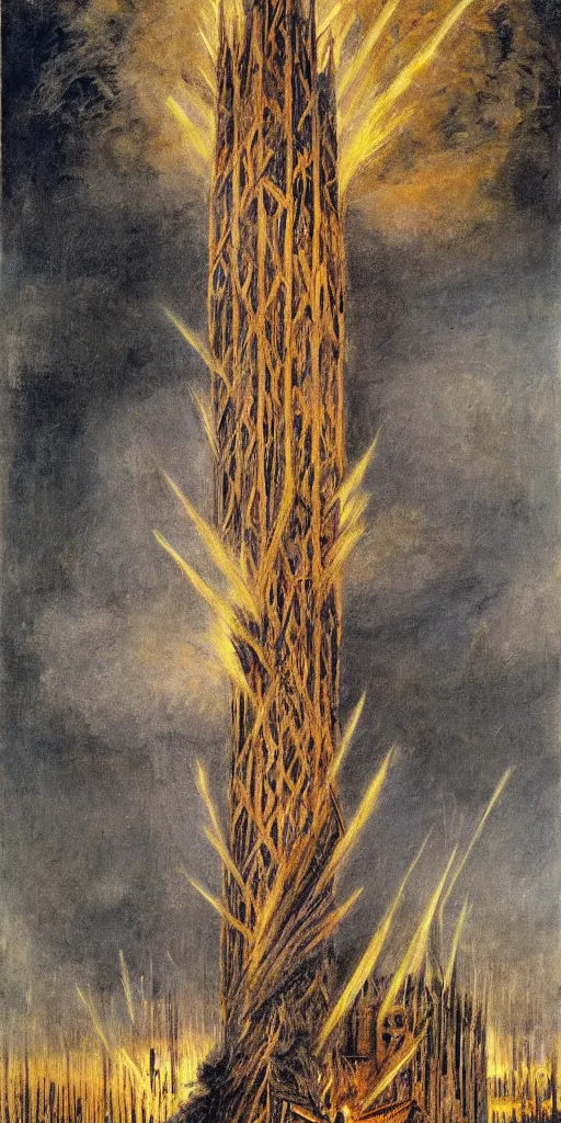 Prompt: a painting of a tower being struck by lightning in the style of remedios varo