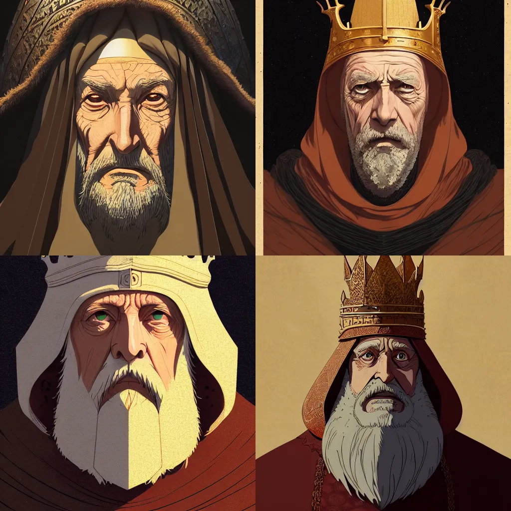 Prompt: portrait of a medieval old king, artstation, elegant, highly detailed, digital painting, concept art, smooth, sharp focus, illustration, art by studio ghibli, fujita goro, atey ghailan, tom whalen, jean giraud, moebius, syd mead, pixar, disney, clean line, raphaelites 8 k