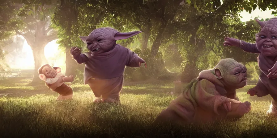 Prompt: wide angle view, 2 years old baby thanos, 2 years old baby yoda, playing together, digital art, cgsociety, highly detailed, ultrarealism, octane render, artstation, 8 k