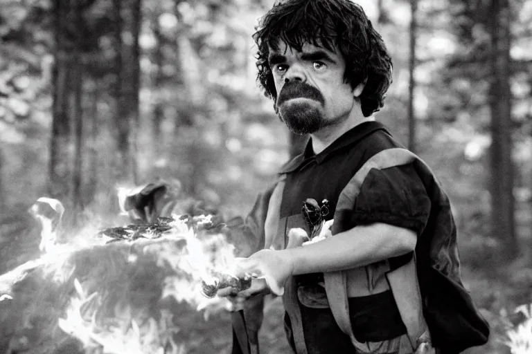 Image similar to peter dinklage holding a flare fighting smokey the bear, movie still, from the new sleepaway camp movie, 8 k, realistic