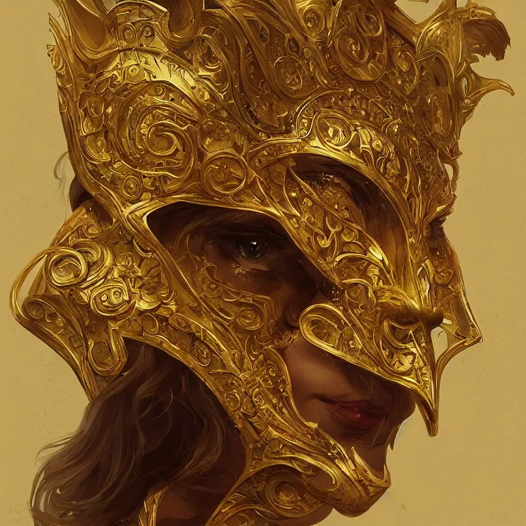 Prompt: golden threefaced mask, D&D, fantasy, highly detailed, digital painting, artstation, smooth, sharp focus, illustration, art by artgerm and greg rutkowski and alphonse mucha