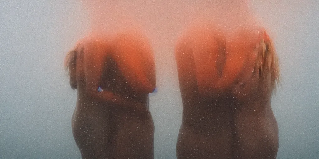 Image similar to a blurry closeup picture of gorgeous human bodies intertwined, female bodies, dripping wet, macro photography, long exposure photograph, surrealism, anamorphic bokeh, cozy, soft light, cyan and orange, caustic, atmospheric fog, octane render, cinematic