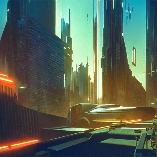 Prompt: futuristic cyberpunk city panorama, daylight, blue sky, cinematic lighting, blue sky, syd mead, john harris