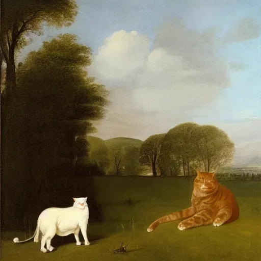 Prompt: oil painting by george stubbs of a giant cat standing in a meadow with a man wearing 1 8 th century clothing.