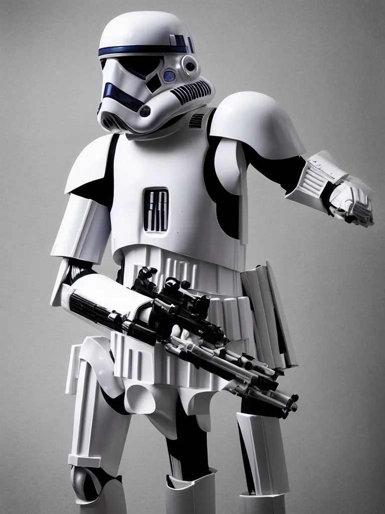 Image similar to “studio portrait photographer of a stormtrooper mixed with R2-D2, studio lighting, high quality, Star Wars, action pose”