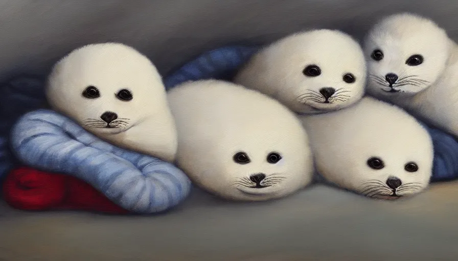 Image similar to highly detailed painting of cute furry white baby seals cuddling up in a big pile of socks by william turner, thick brush strokes and visible paint layers, 4 k resolution