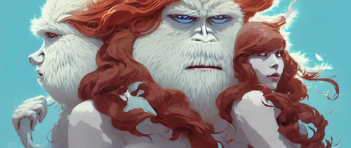 Prompt: beautiful artistic - wave highly detailed portrait female yeti and bigfoot, with kitsune mask, long red hair, by atey ghailan, by greg rutkowski, by greg tocchini, by james gilleard, by joe fenton, by kaethe butcher, dynamic lighting, gradient light blue, brown, blonde cream and white color scheme, grunge aesthetic