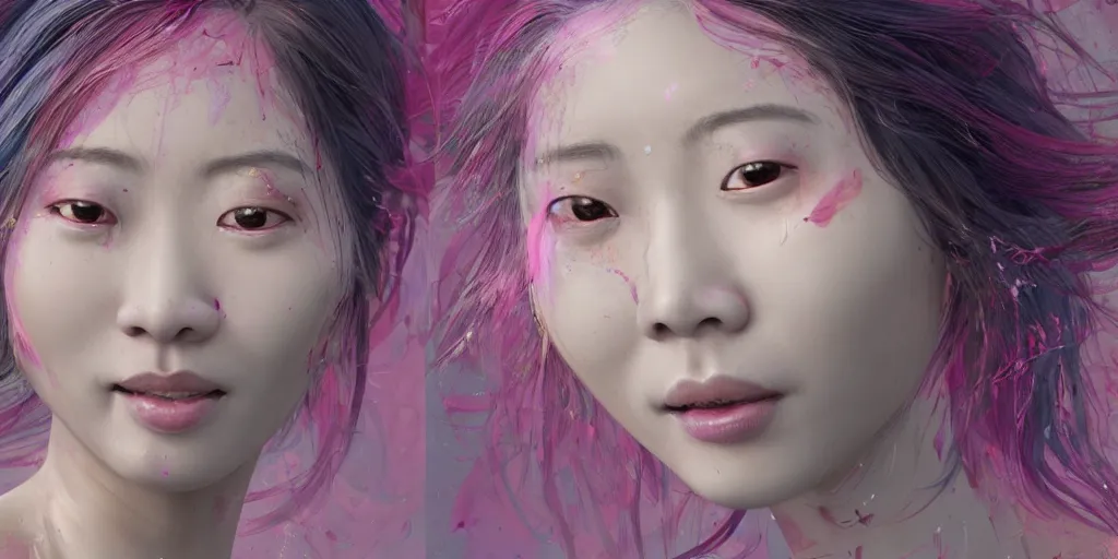 Image similar to a portrait of a very beautiful young asian goddess, seductive smile, with pink and grey hair radiating swirling paint and impasto, sleepy eyes by wlop and monia merlo and fintan magee, background is multicoloured volume displacement, hyperrealism, subsurface scattering, arnold render, 8 k, houdini, xparticles