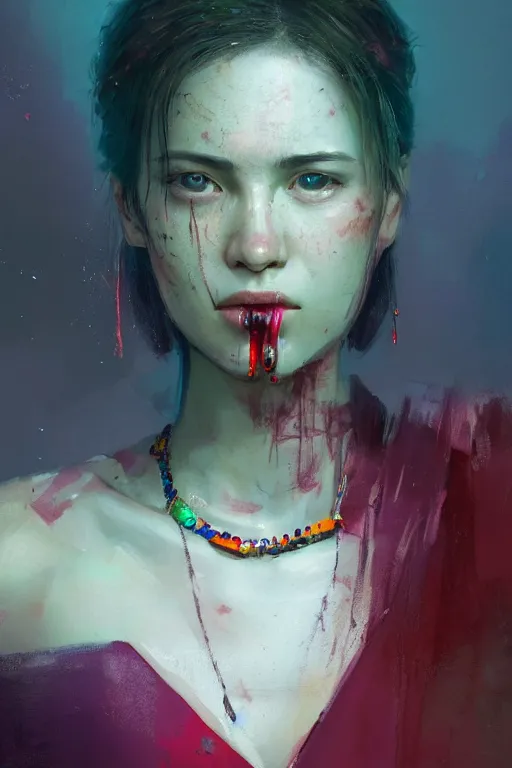 Prompt: A portrait of a women wearing colourful jewelry by Greg Rutkowski, Sung Choi, Mitchell Mohrhauser, Maciej Kuciara, Johnson Ting, Maxim Verehin, Peter Konig, Resident evil , 8k photorealistic, cinematic lighting, HD, high details, dramatic, atmospheric , trending on artstation