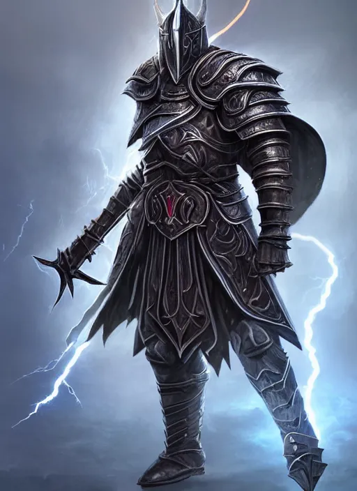 Image similar to portrait of an athletic male knight casting a lightning spell as a diablo 3 character, looking at camera, his armor is infused with lightning bolts, D&D, armor master, short hair, intricate, elegant, stylish, cute smile, fantasy, extremely detailed, digital painting, artstation, concept art, smooth, sharp focus, illustration, ambient lighting, art by artgerm and greg rutkowski and alphonse mucha and simon stalenhag