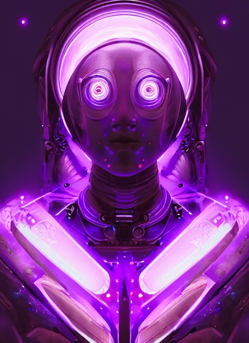 Image similar to symetrical close up portrait of lady voidstar in full high tech close fitting armor, robotic arms, glowing diagram of a swirl a pentagram and a star, intricate, elegant, purple, glowing lights, highly detailed, digital painting, artstation, concept art, smooth, sharp focus, illustration, art by wlop, mars ravelo and greg rutkowski