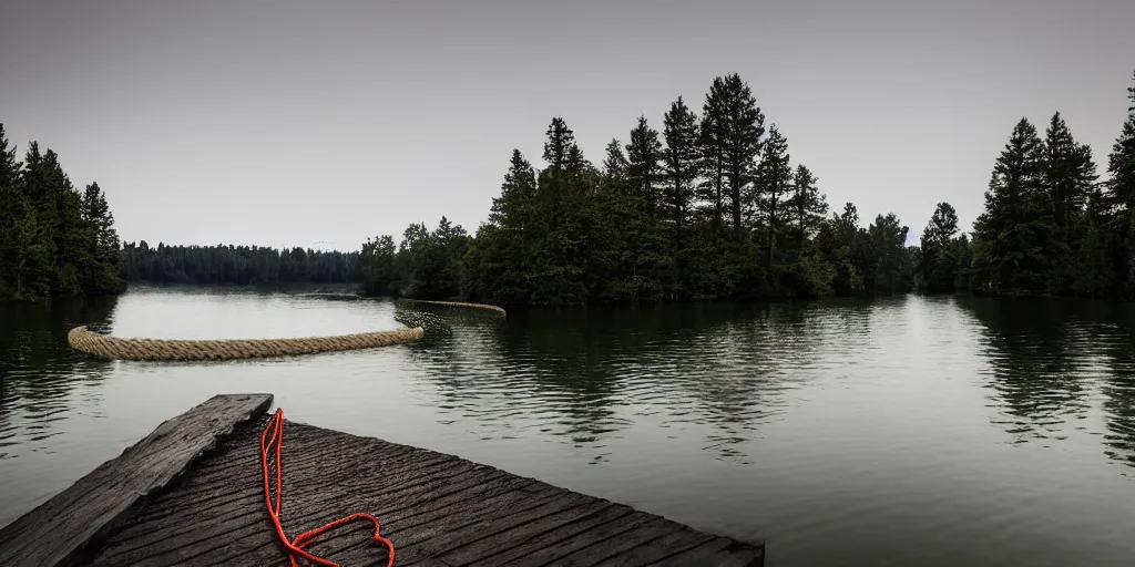 Prompt: an long rope zig - zagging across the surface of the water into the distance, floating submerged rope stretching out towards the center of the lake, a dark lake on an overcast day, atmospheric, color film, trees in the background, 4 k photo, anamorphic lens