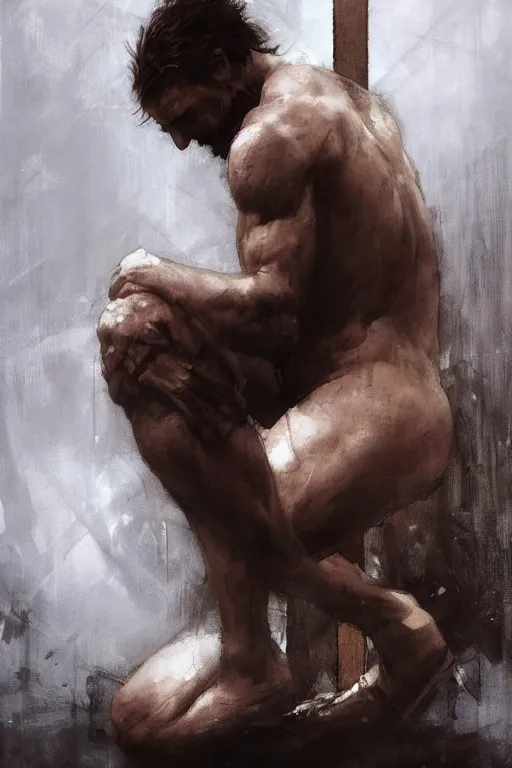 Image similar to man kneeling at the foot of a wooden cross, dramatic lighting art by Yoji Shinkawa by Richard Schmid by greg rutkowski by Sandra Chevrier by Jeremy Lipking cinematic dramatic, by frank miller, illustration by Ruan Jia and Mandy Jurgens and William-Adolphe Bouguereau, Artgerm, 4k, digital art, surreal, space dandy style, highly detailed, godsend, artstation, digital painting, concept art, smooth, sharp focus, illustration by Ruan Jia and Mandy Jurgens and William-Adolphe Bouguereau, Artgerm