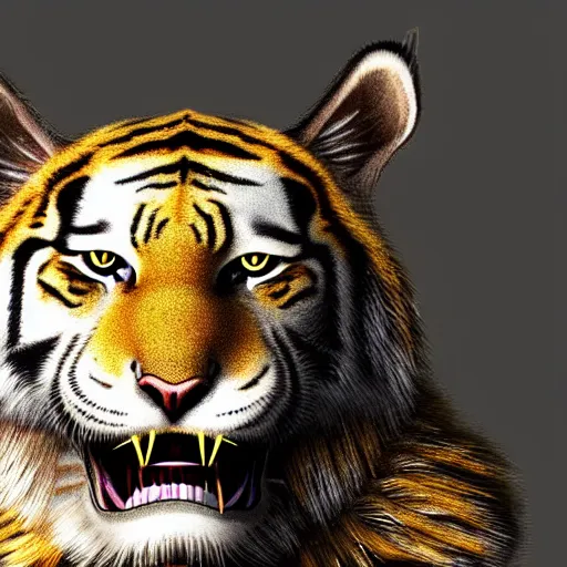 Image similar to a humanoid with cat-like creature in future armor with yellow eyes teeth that protrude past the lower lip sort of like a saber-tooth tiger and fine grayish fur on their face