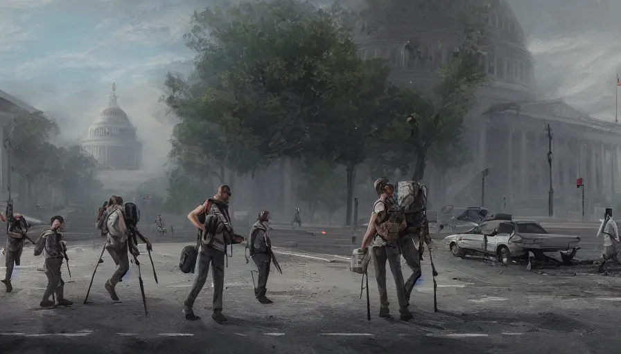 Prompt: survivor with rifle and bag pack crossing destroyed washington dc's streets with his two sons, destroyed museum, dirty streets, vegetation, wind, flying dust particles, cloudy sky, hyperdetailed, artstation, cgsociety, 8 k