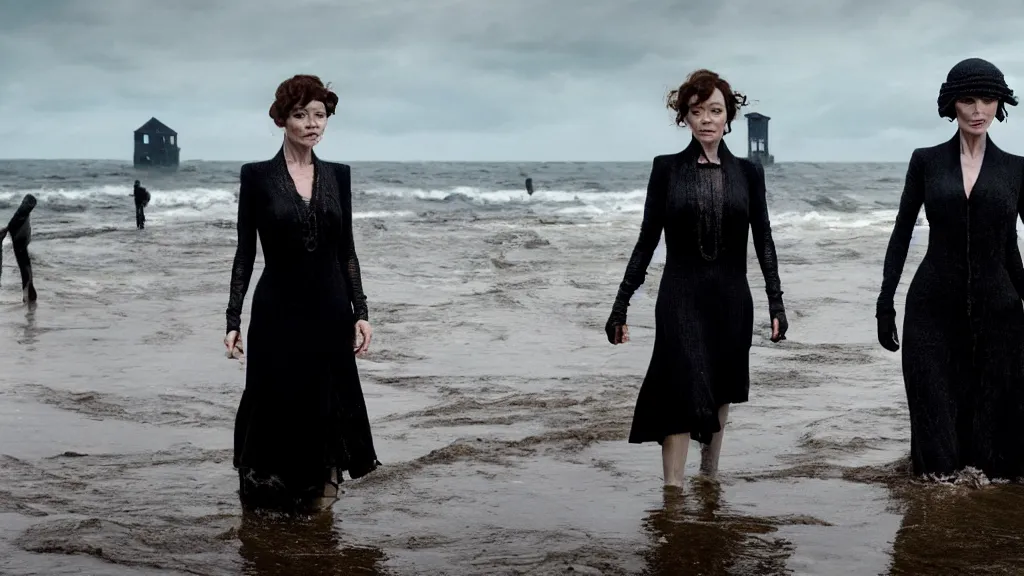 Image similar to photo of Helen McCrory and Annabelle Wallis coming out of the ocean, extreme detailed face, Peaky Blinders crew on the background, film still from the movie directed by Denis Villeneuve with art direction by Zdzisław Beksiński, wide lens