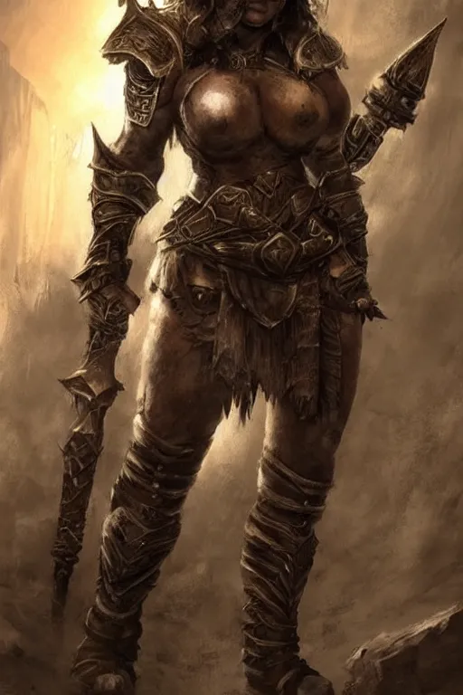 Prompt: Strong female dwarven warrior with short broad build | iron armor | in the caverns | Aleksi Briclot