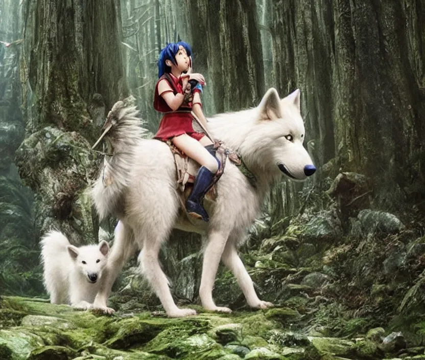 Image similar to Promotional photo of the live-action remake of the 1997 Studio Ghibli film Princess Mononoke. We see San riding her beautiful giant white wolf.