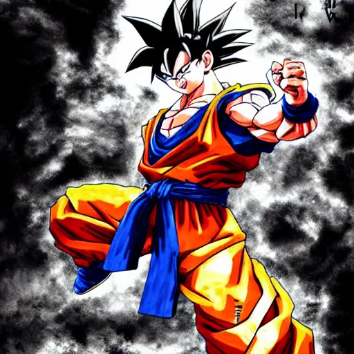 Image similar to Goku, full body, ultra wide angle, by Yoji Shinkawa and Richard Schmid cinematic dramatic, watercolor effect, highly detailed
