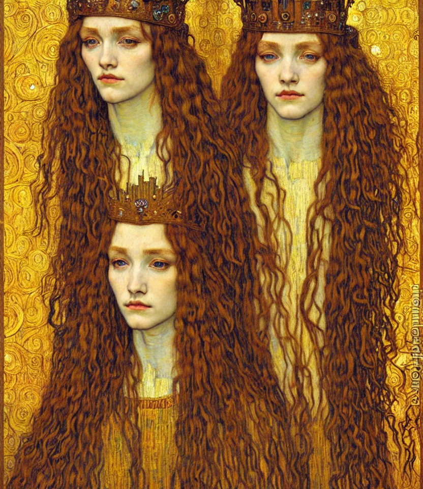 Image similar to detailed realistic beautiful young medieval queen face portrait by jean delville, gustav klimt and vincent van gogh, art nouveau, symbolist, visionary, gothic, pre - raphaelite, muted earthy colors, desaturated