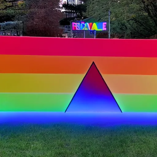 Prompt: rainbow apple logo monolith surrounded by a mob of torch lit protestors