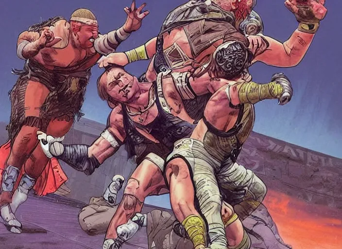 Image similar to apex legends pro wrestling match. concept art by james gurney and mœbius. gorgeous face.