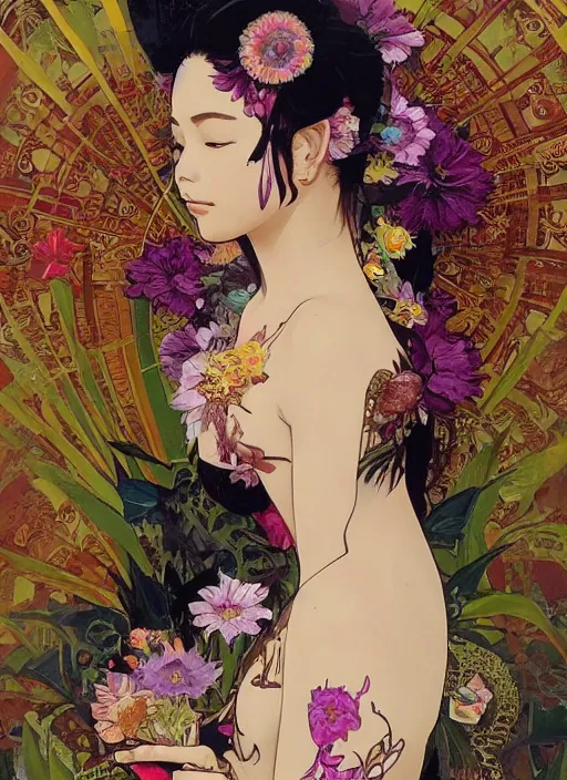 Image similar to !!! very coherent!!! oil painting, beautiful floralpunk balinese cyborg portrait girl female illustration detailed patterns art of bali traditional dress, flower pop art, floral splash painting, art by ashley wood, alphonse mucha, makoto shinkai, geof darrow, dark shadow