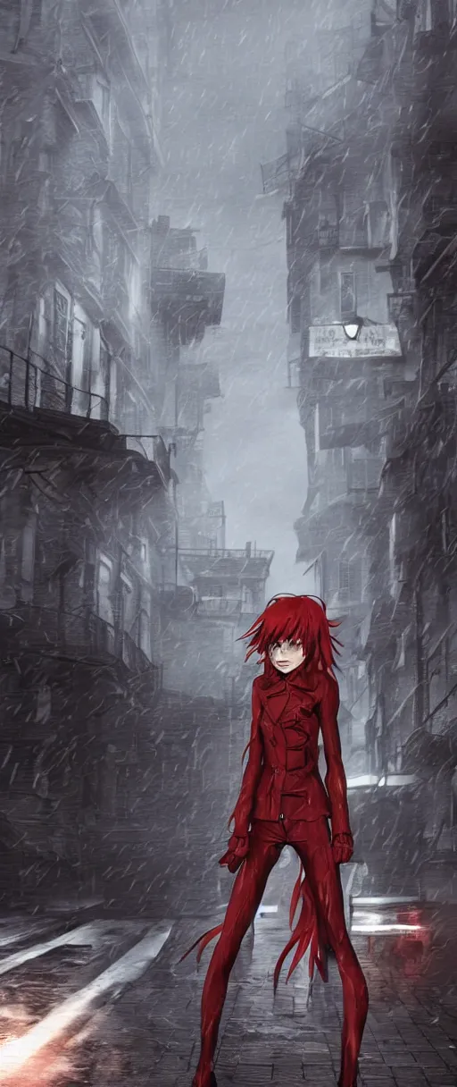 Image similar to asuka langley showing her outsider's mark in a dishonored town, dunwall city, advanced digital art, dishonored aesthetic, cinematic lighting, rainy weather, melancholy atmosphere, artstation, dunwall city, gothic architecture, volumetric light, octane render, dishonored game, dishonored 1, atmosphere or depression and despair, cute anime face