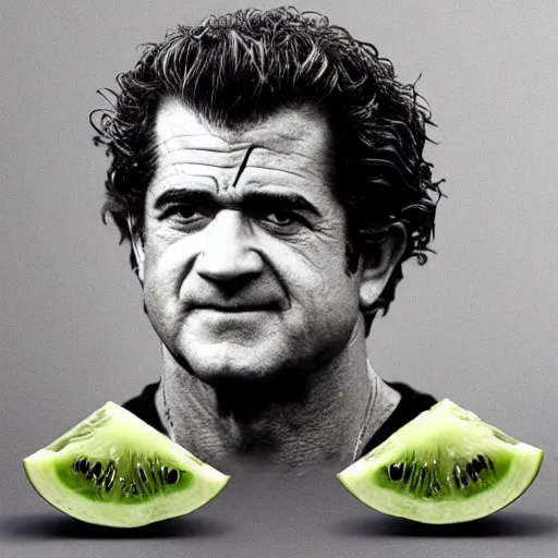 Prompt: a slice of water melon with the face of mel gibson