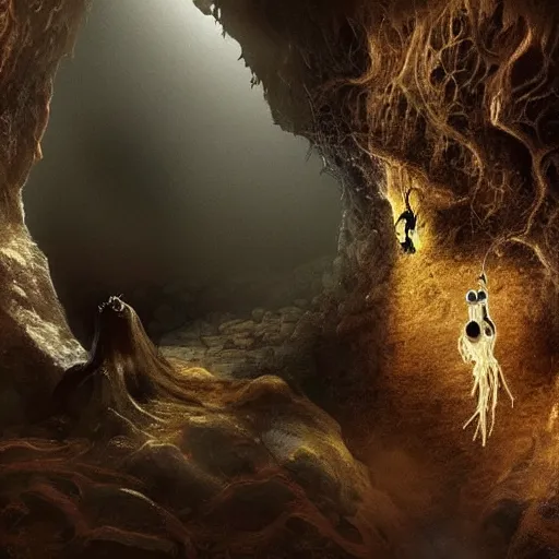 Prompt: a deep cave with a spider waiting in the shadows. fantasy. atmospheric. scaring. very detailed.