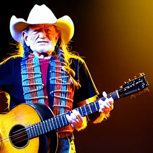 Image similar to willie nelson on stage, detailed, guitar. god rays through fog.