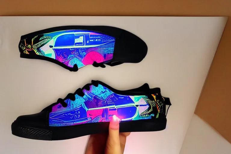 Prompt: daft punk sneakers by alfons mucha, neon lights, detailed