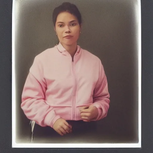 Image similar to a polaroid picture of a pastel painting of a woman wearing a track suit