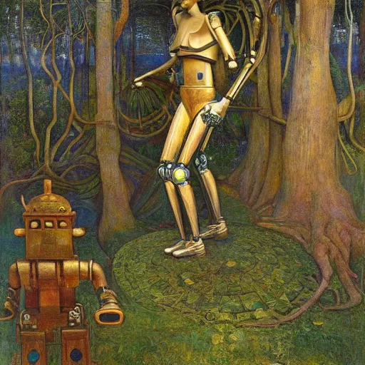 Prompt: robot seizes his forest crown, by Annie Swynnerton and Diego Rivera and Elihu Vedder, symbolist, dramatic lighting, elaborate geometric ornament, Art Brut, soft cool colors,smooth, sharp focus, extremely detailed, Adolf Wölfli and Donato Giancola