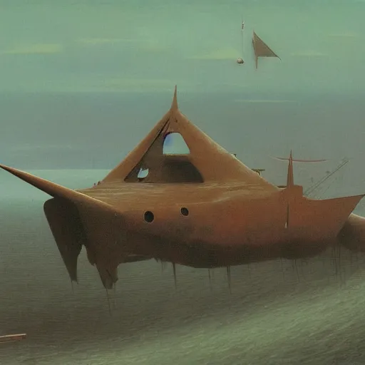 Prompt: a combat airskiff by Zdzisław Beksiński, oil on canvas