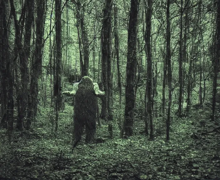 Prompt: grainy found footage of a creature in a forest, grainy, creature in view, scary, color