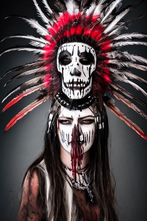 Prompt: the ghost - spirit of the grim - warpaint wears the scarlet skull armor and native blood headdress feathers, midnight fog - mist!, cinematic lighting, various refining methods, micro macro autofocus, ultra definition, award winning photo