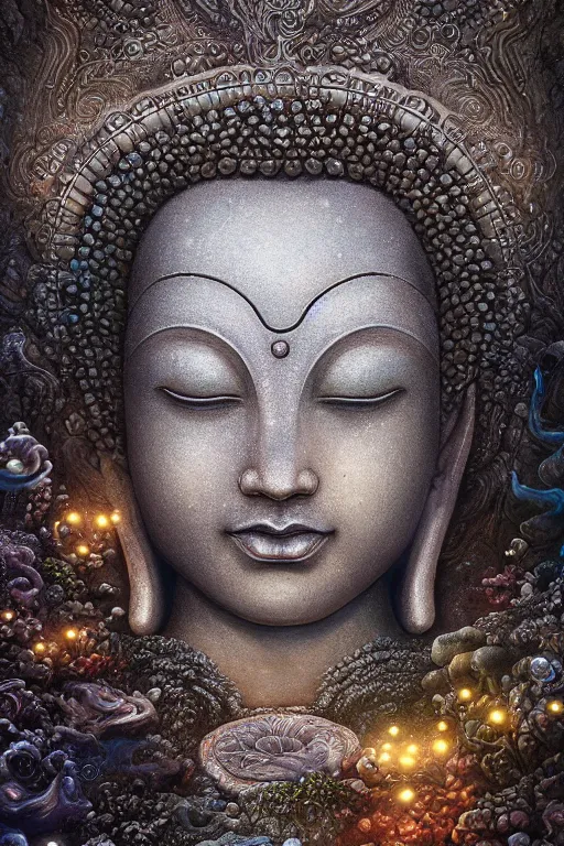 Prompt: a stunning ultra detailed underwater fantasy closeup photo of a buddha head granite statue surrounded by bioluminescent jelly fishes, by tomasz alen kopera and tom bagshaw, water bubbles, very detailed, deep depth of field, 8 5 mm lens, soft lighting, artstation, highly coherent, 8 k