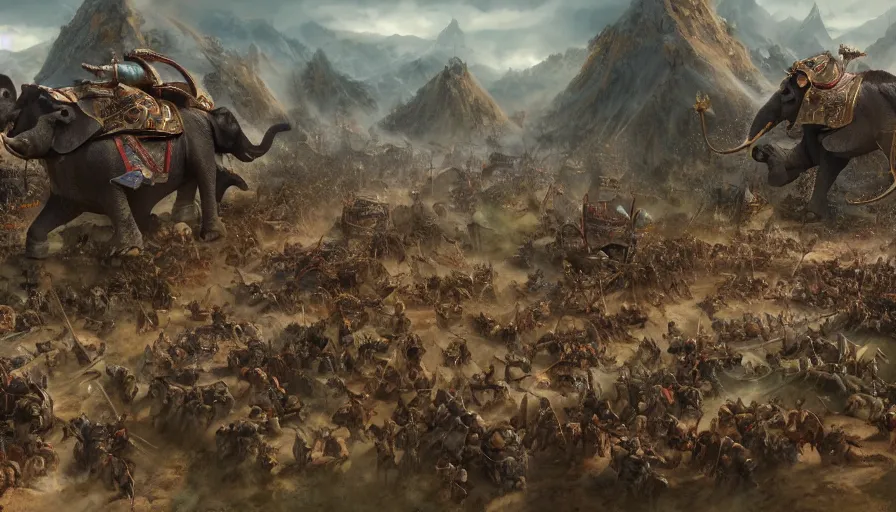 Prompt: matte painting of a beautiful batttlefield of tai ethnic group versus mongol empire, the warloads ride on their war - elephents in the center of the scene, digital art, trending on artstation