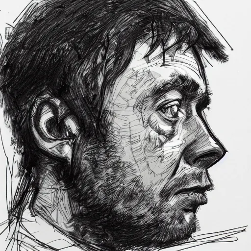 Image similar to a realistic yet scraggly portrait sketch of the side profile of a stern and sophisticated damon albarn, trending on artstation, intricate details, in the style of frank auerbach, in the style of sergio aragones, in the style of martin ansin, in the style of david aja, in the style of mattias adolfsson