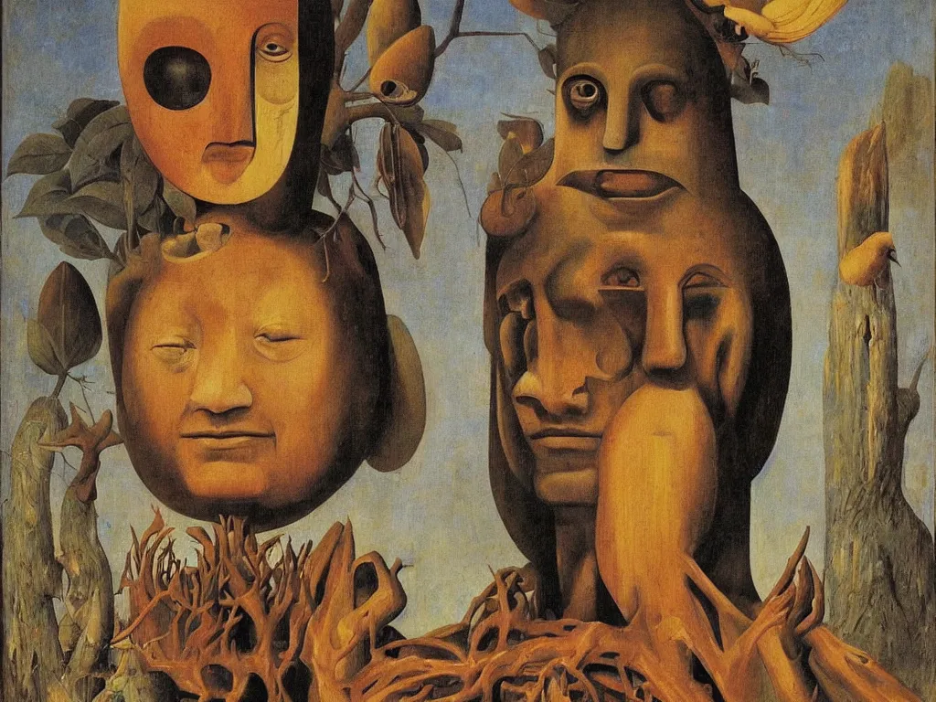 Image similar to Portrait of albino mystic with blue eyes, with wooden old shamanic totemic African archaic mask, sculpture. Painting by Bosch, Audubon, Rene Magritte, Agnes Pelton, Max Ernst, Walton Ford