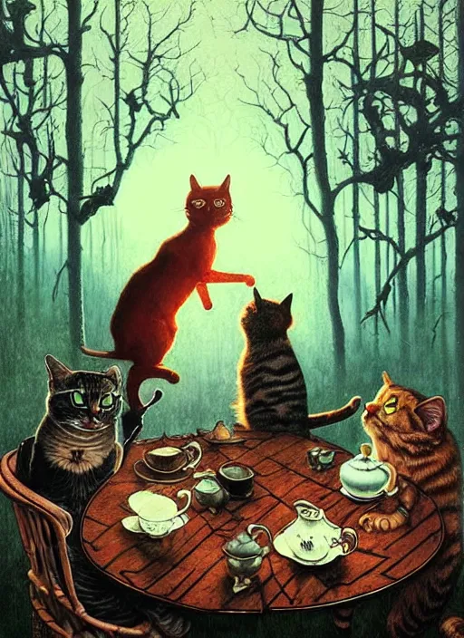 Image similar to cat having tea with a witch in the woods gorgeous lighting, lush forest foliage blue sky a hyper realistic painting by chiara bautista and beksinski and norman rockwell and greg rutkowski weta studio, and lucasfilm